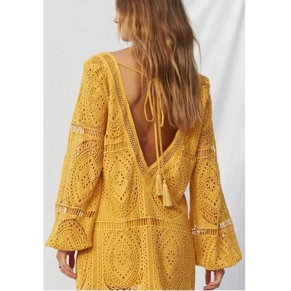 Jen's Pirate Booty Jasmine Crochet Mini Dress Small Yellow Orange Bell Sleeve - Picture 2 of 13